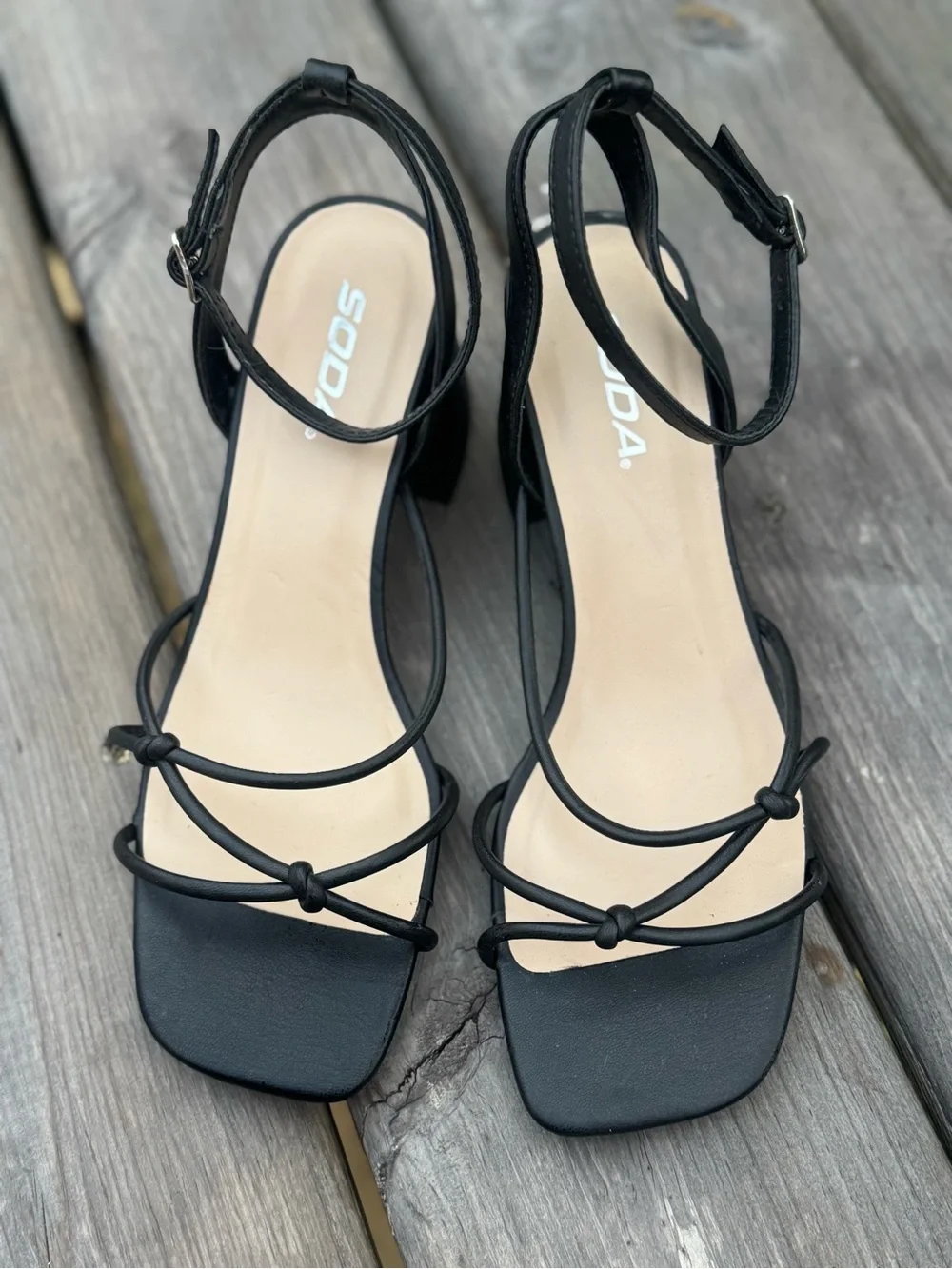 Soda Black Knotted Strappy Block Heel Sandals